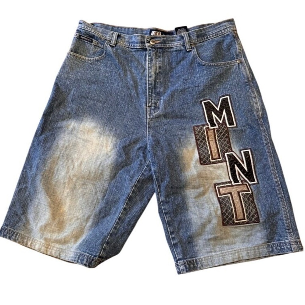 Mint Denim Y2K Baggy Jean‎ Shorts 36 Graphic Patch Streetwear Hip Hop Rare